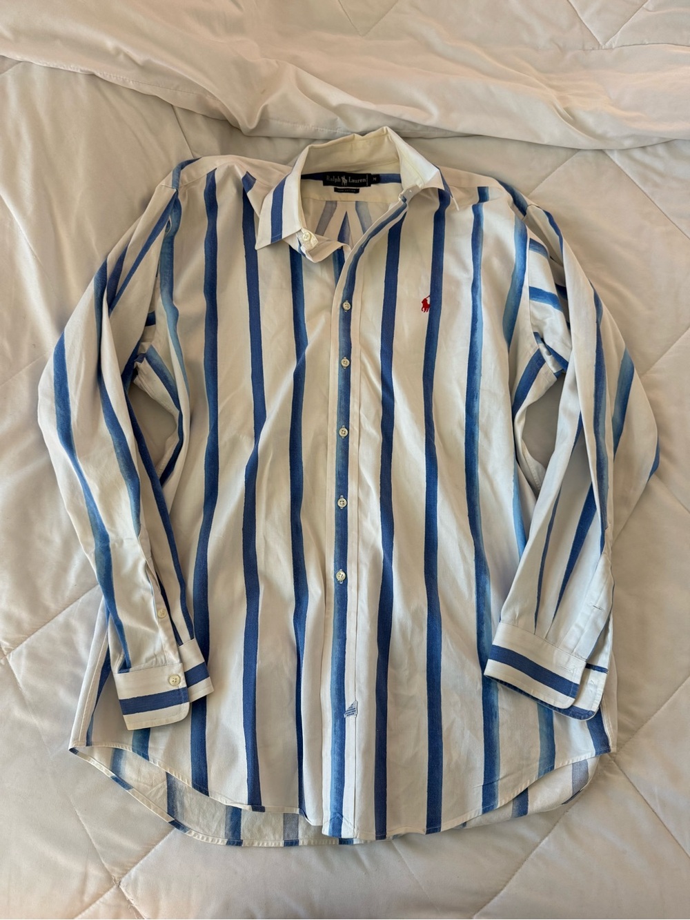 Ralph Lauren White Shirt with Blue Vertical Stripes and Red Polo Logo